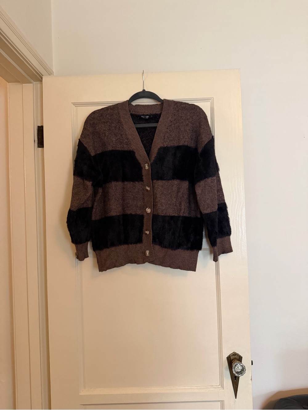 Nasty Gal Striped Brown and Black Button-Front Fuzzy Striped Cardigan Size M